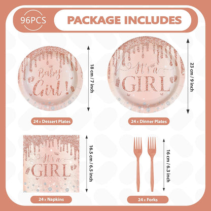 96 Pcs It's a Girl Baby Shower Party Decorations, Serves 24