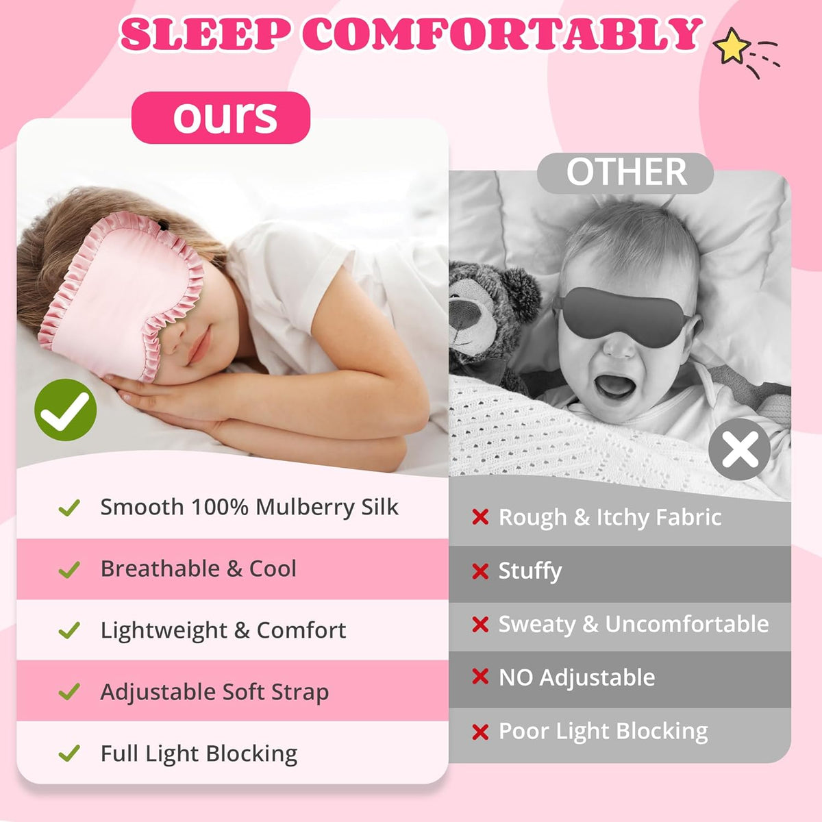 Kids Sleep Mask, Mulberry Silk Eye Mask with 100% Silk on Both Sides