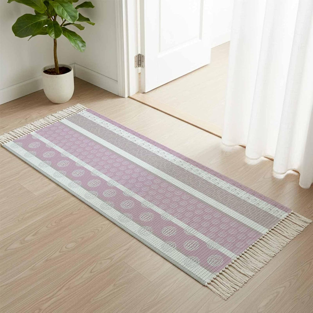 Farm Fruits Kitchen Runner Rug 2'x4', Watermelon Lemons Peach Pink Grey Striped Washable Rug with Tassels, Non Slip Woven Cotton Bathroom Rugs Hallway Carpet for Foyer Bedroom Entry Back Door Decor