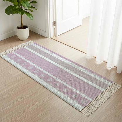 Farm Fruits Kitchen Runner Rug 2'x4', Watermelon Lemons Peach Pink Grey Striped Washable Rug with Tassels, Non Slip Woven Cotton Bathroom Rugs Hallway Carpet for Foyer Bedroom Entry Back Door Decor