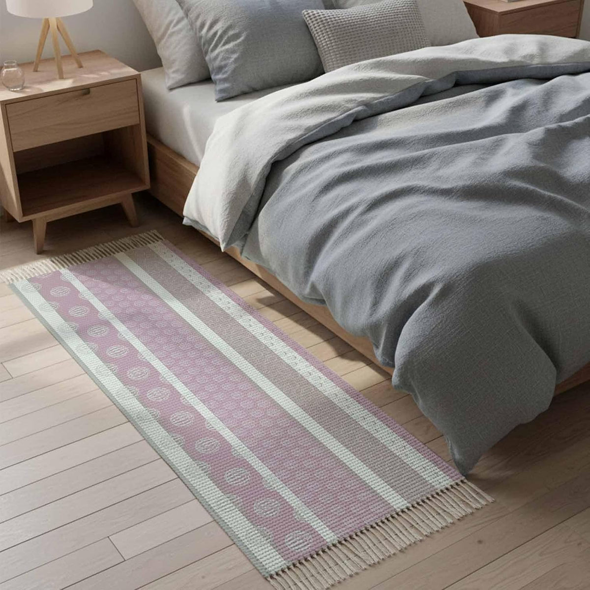 Farm Fruits Kitchen Runner Rug 2'x4', Watermelon Lemons Peach Pink Grey Striped Washable Rug with Tassels, Non Slip Woven Cotton Bathroom Rugs Hallway Carpet for Foyer Bedroom Entry Back Door Decor