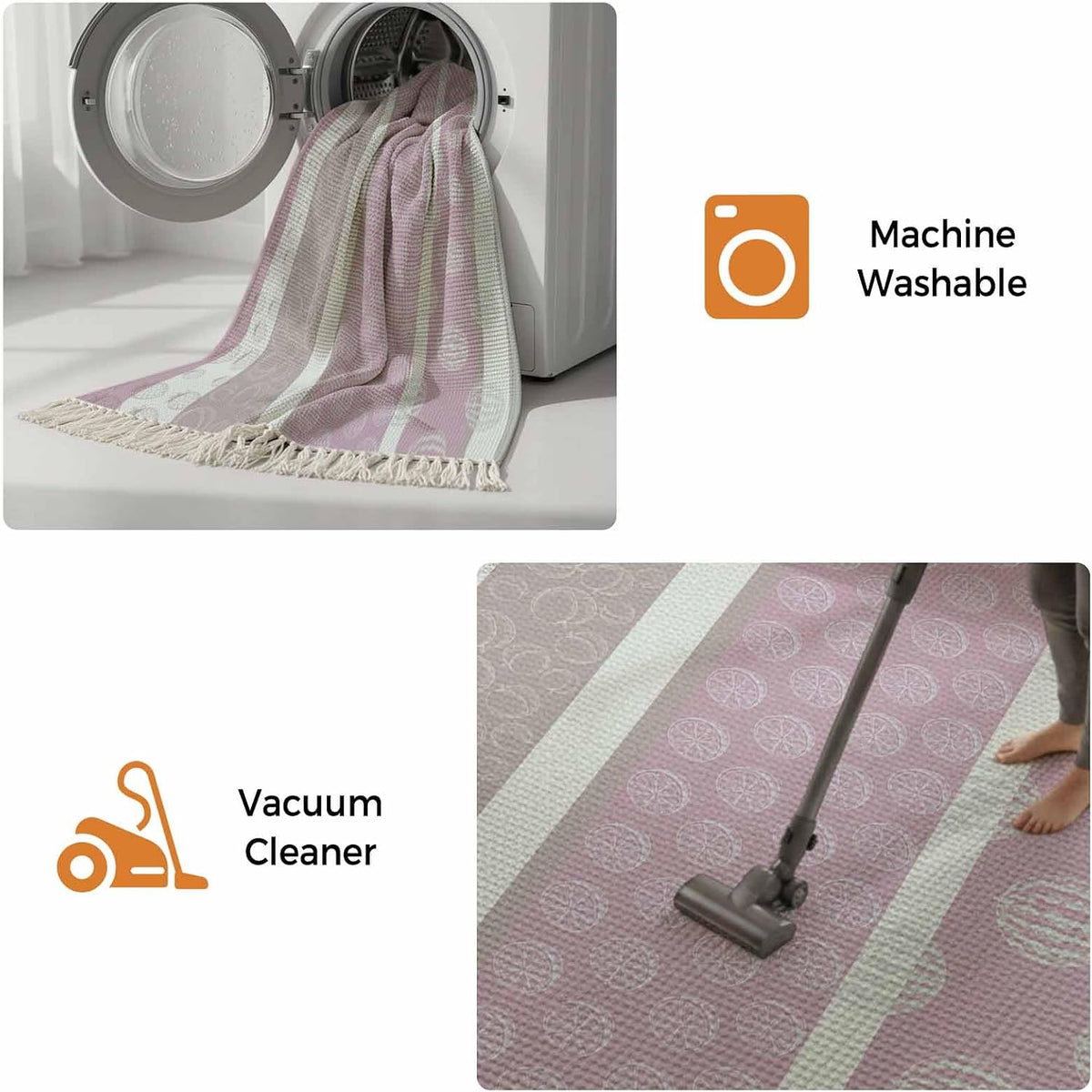 Farm Fruits Kitchen Runner Rug 2'x4', Watermelon Lemons Peach Pink Grey Striped Washable Rug with Tassels, Non Slip Woven Cotton Bathroom Rugs Hallway Carpet for Foyer Bedroom Entry Back Door Decor
