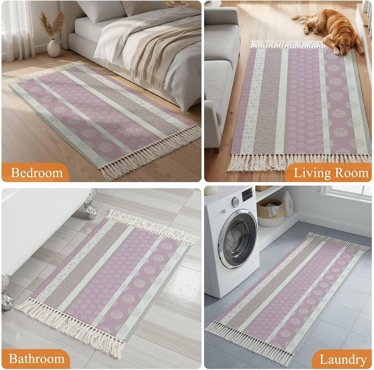Farm Fruits Kitchen Runner Rug 2'x4', Watermelon Lemons Peach Pink Grey Striped Washable Rug with Tassels, Non Slip Woven Cotton Bathroom Rugs Hallway Carpet for Foyer Bedroom Entry Back Door Decor