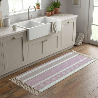 Farm Fruits Kitchen Runner Rug 2'x4', Watermelon Lemons Peach Pink Grey Striped Washable Rug with Tassels, Non Slip Woven Cotton Bathroom Rugs Hallway Carpet for Foyer Bedroom Entry Back Door Decor