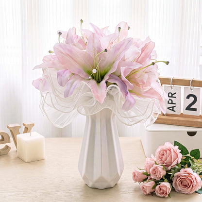 11 pcs Artificial Lilies Bouquet Silk Flowers, Pink Purple Faux Lily Flowers with Ribbon, Fake Lilies Floral Arrangement for Table Vase Centerpiece Home Wedding Anniversary Decor