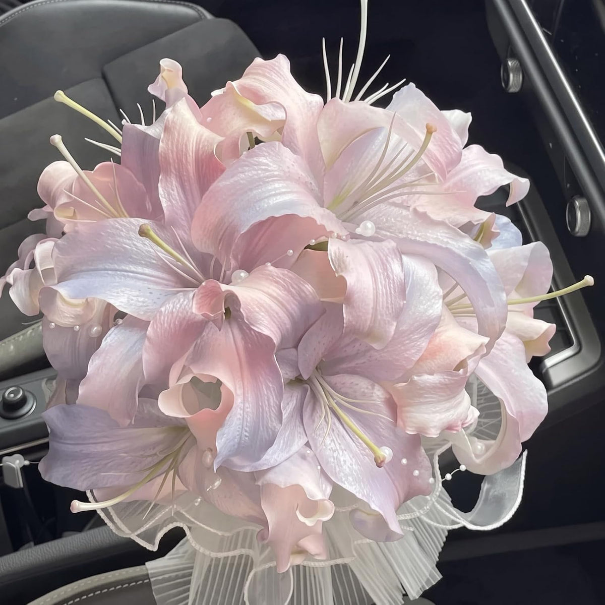 11 pcs Artificial Lilies Bouquet Silk Flowers, Pink Purple Faux Lily Flowers with Ribbon, Fake Lilies Floral Arrangement for Table Vase Centerpiece Home Wedding Anniversary Decor