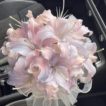 11 pcs Artificial Lilies Bouquet Silk Flowers, Pink Purple Faux Lily Flowers with Ribbon, Fake Lilies Floral Arrangement for Table Vase Centerpiece Home Wedding Anniversary Decor