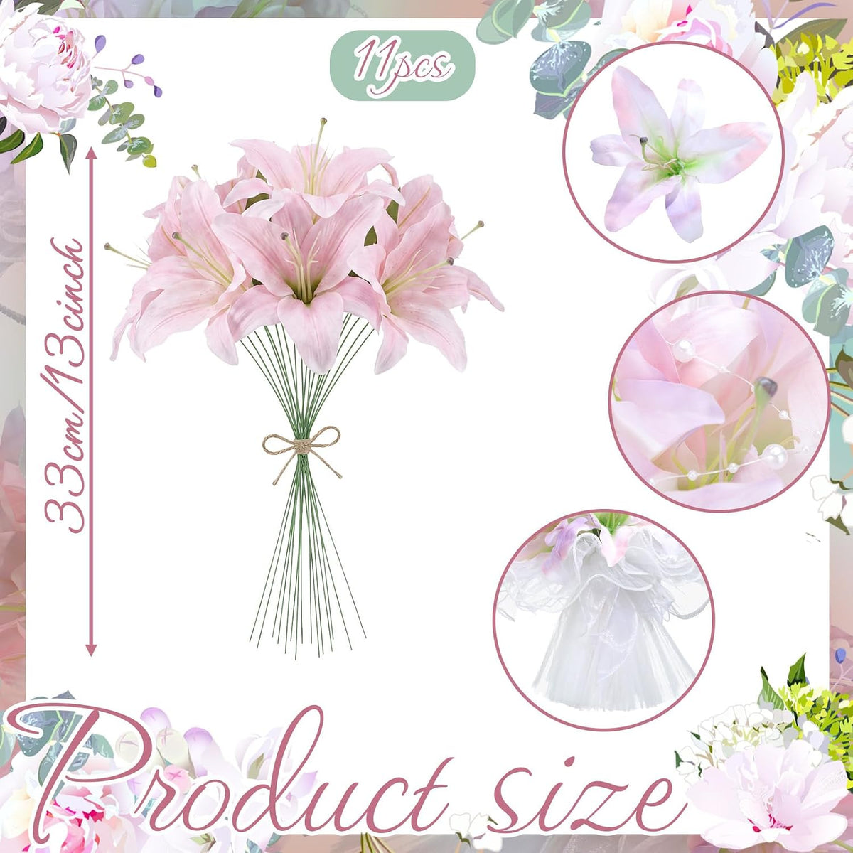 11 pcs Artificial Lilies Bouquet Silk Flowers, Pink Purple Faux Lily Flowers with Ribbon, Fake Lilies Floral Arrangement for Table Vase Centerpiece Home Wedding Anniversary Decor