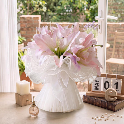 11 pcs Artificial Lilies Bouquet Silk Flowers, Pink Purple Faux Lily Flowers with Ribbon, Fake Lilies Floral Arrangement for Table Vase Centerpiece Home Wedding Anniversary Decor