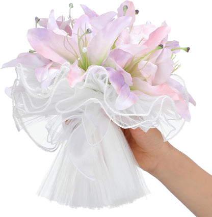 11 pcs Artificial Lilies Bouquet Silk Flowers, Pink Purple Faux Lily Flowers with Ribbon, Fake Lilies Floral Arrangement for Table Vase Centerpiece Home Wedding Anniversary Decor