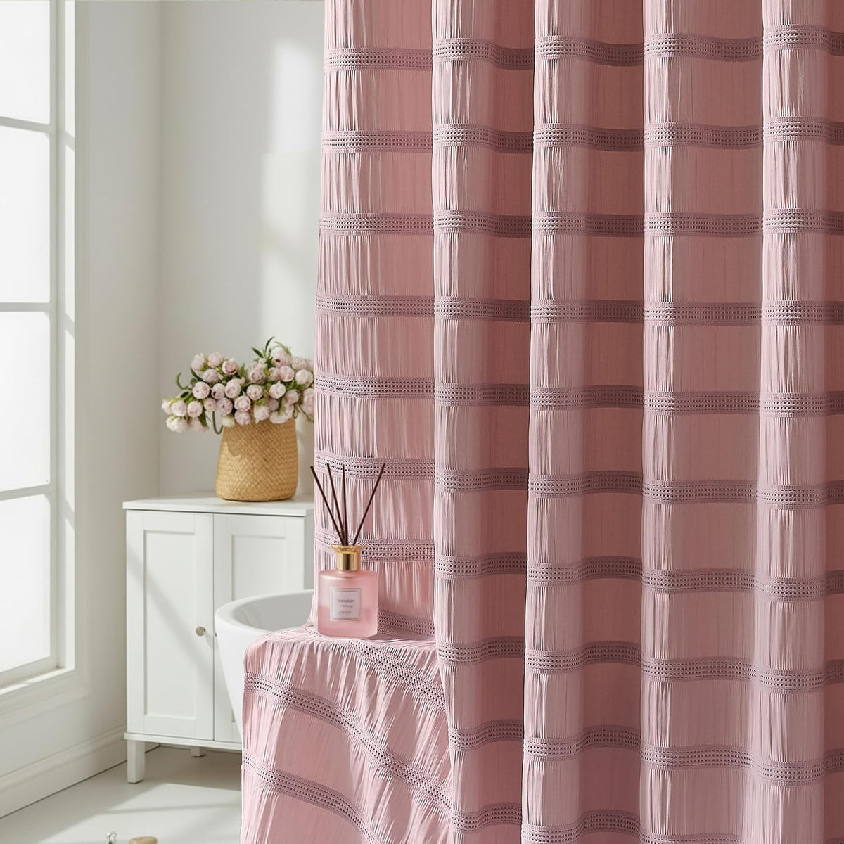 Pink Shower Curtain Waffle Shower Curtain Striped Cotton Blend Textured Fabric Shower Curtains for Bathroom 72 x 72, Blush Pink