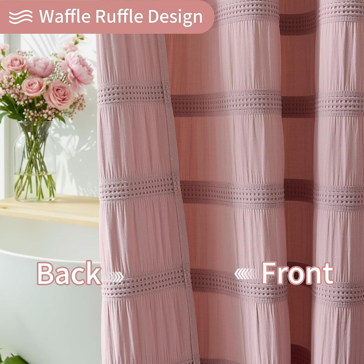 Pink Shower Curtain Waffle Shower Curtain Striped Cotton Blend Textured Fabric Shower Curtains for Bathroom 72 x 72, Blush Pink