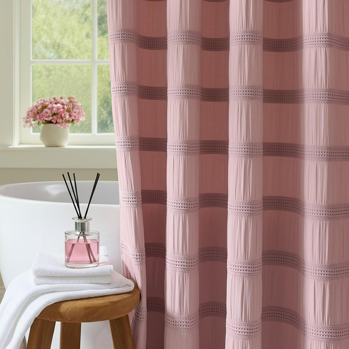 Pink Shower Curtain Waffle Shower Curtain Striped Cotton Blend Textured Fabric Shower Curtains for Bathroom 72 x 72, Blush Pink