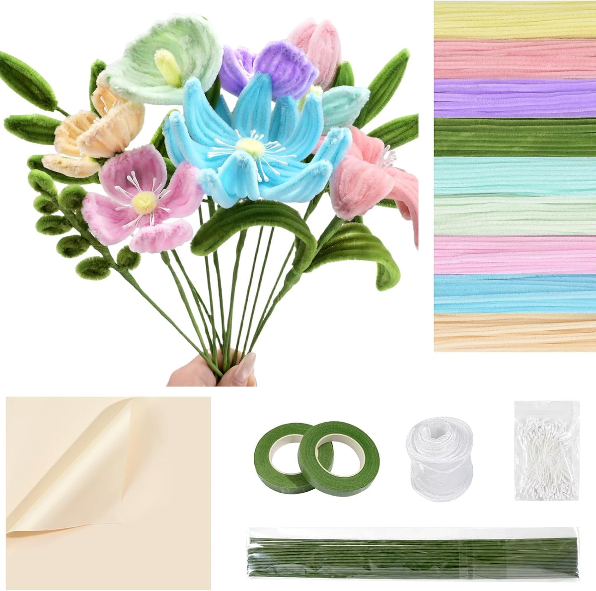 480 Pcs Pipe Cleaners Set Craft Flowers Making Kit for DIY Arts Supplies- Pink and Purple Series