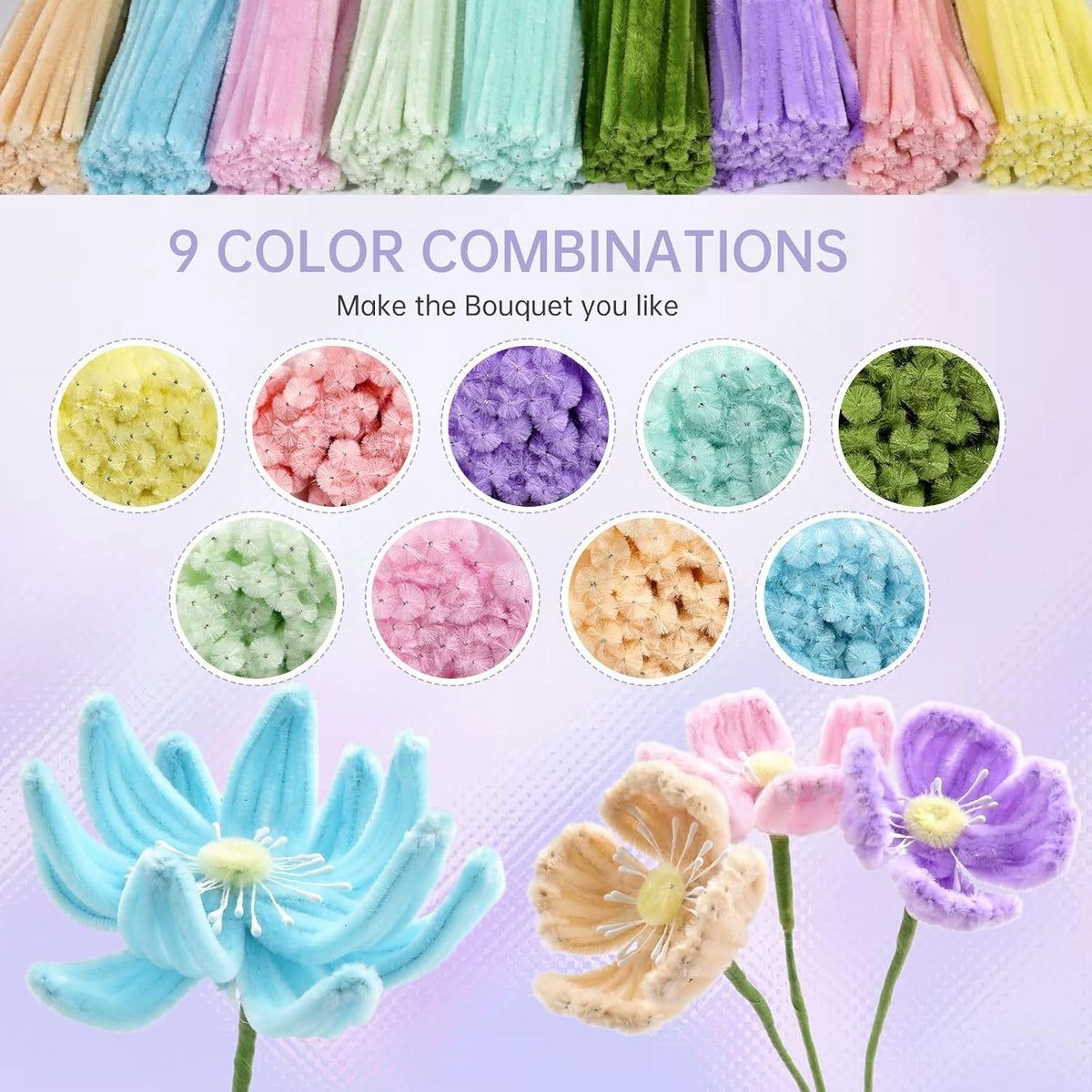 480 Pcs Pipe Cleaners Set Craft Flowers Making Kit for DIY Arts Supplies- Pink and Purple Series