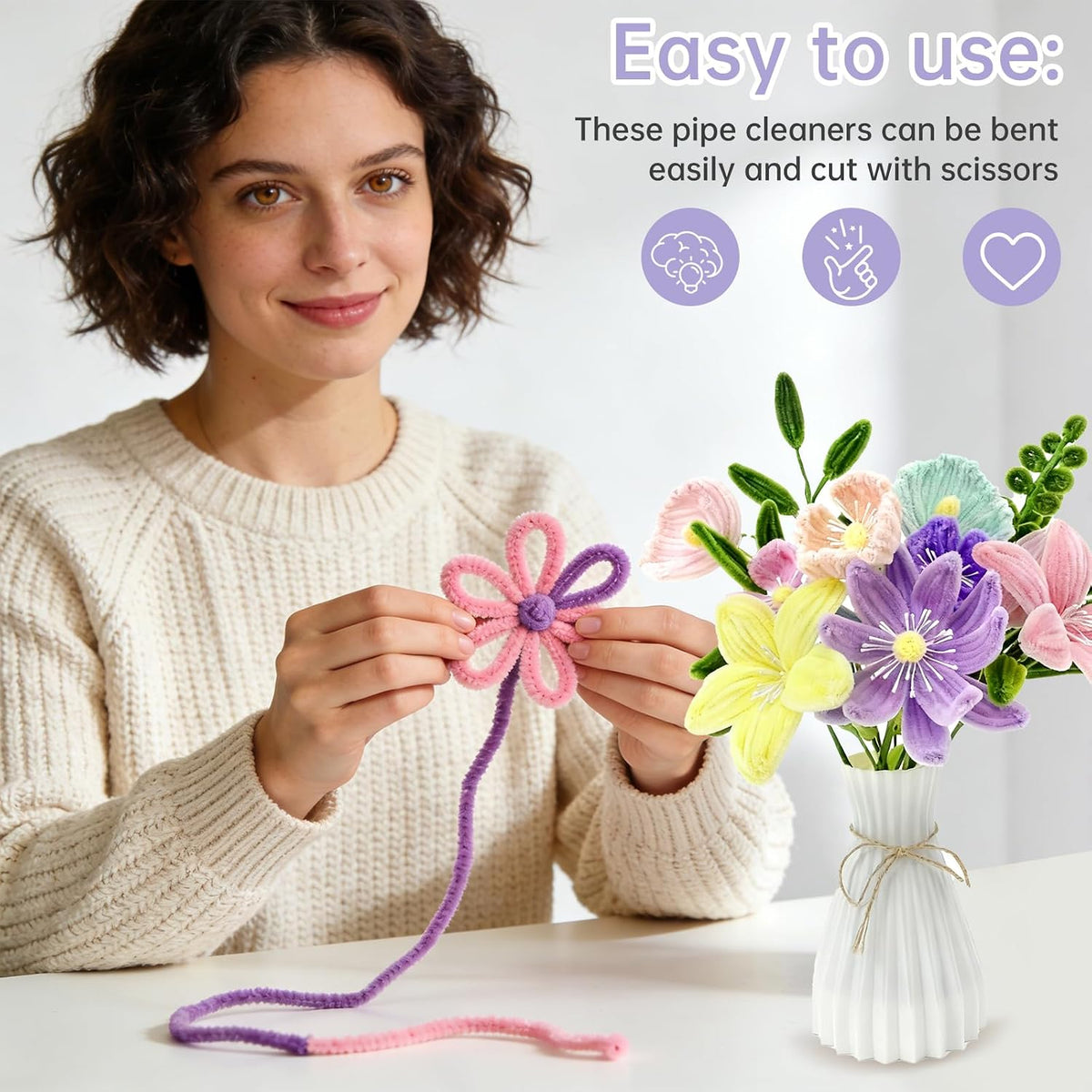 480 Pcs Pipe Cleaners Set Craft Flowers Making Kit for DIY Arts Supplies- Pink and Purple Series