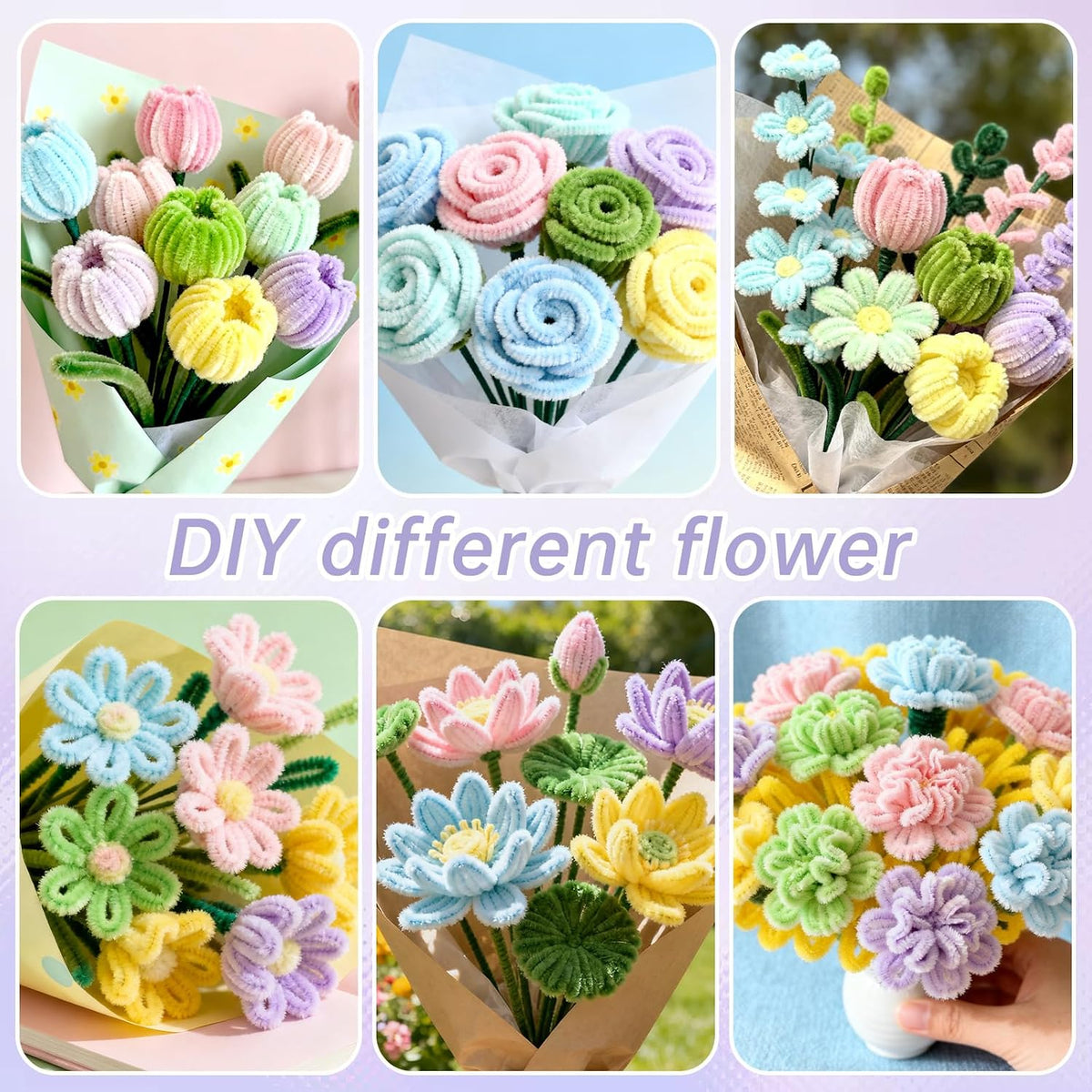 480 Pcs Pipe Cleaners Set Craft Flowers Making Kit for DIY Arts Supplies- Pink and Purple Series