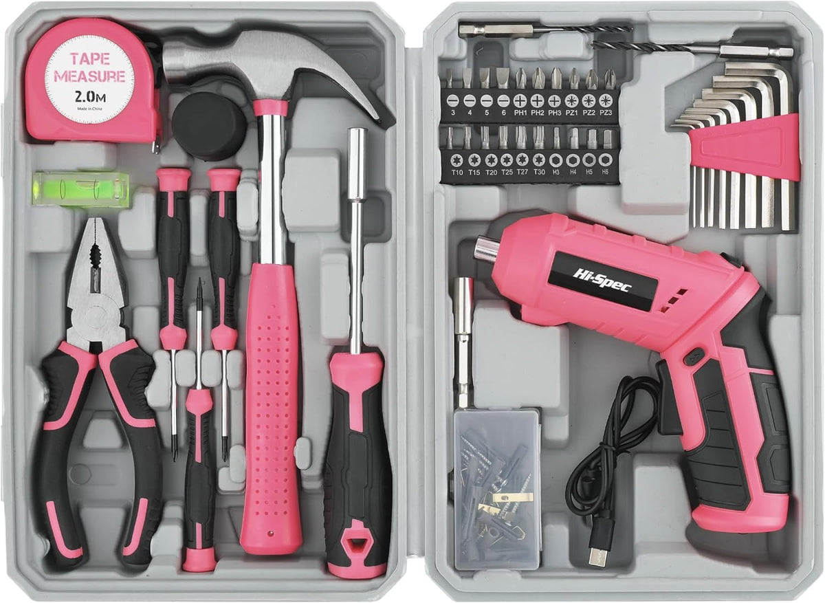 Hi-Spec 4V USB Electric Screwdriver Tool Kit for Home Repairs, Pink