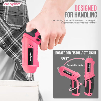 Hi-Spec 4V USB Electric Screwdriver Tool Kit for Home Repairs, Pink