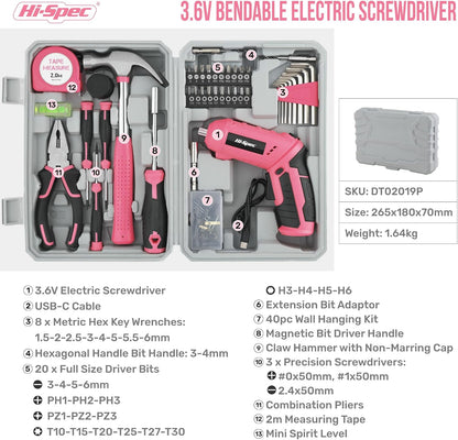 Hi-Spec 4V USB Electric Screwdriver Tool Kit for Home Repairs, Pink