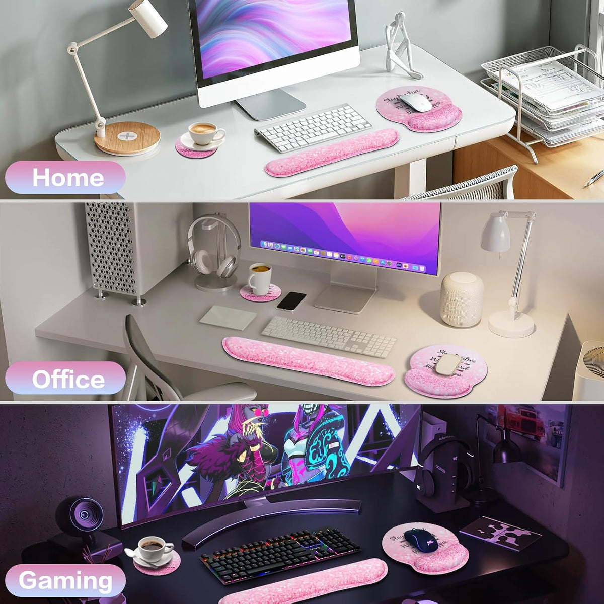 Mouse Pad with Wrist Rest Set Pink, 3-in-1 Wrist Support Mousepad Set,Gaming Mat Pad with Anti-Skid Base,Ergonomic Mouse Pad,Memory Foam Keyboard Gel Wrist Rest