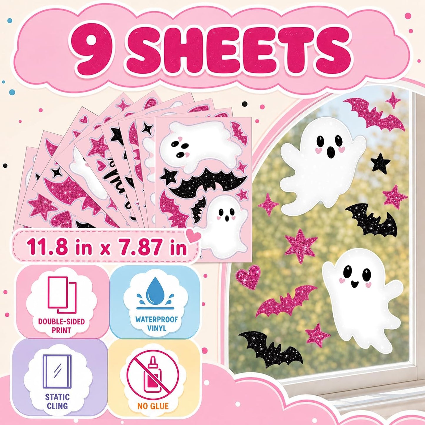 Pink Halloween Window Clings Decor Cute Ghost Stickers Decorations for Kids