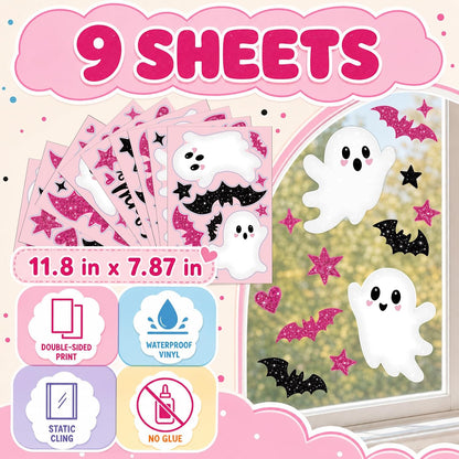 Pink Halloween Window Clings Decor Cute Ghost Stickers Decorations for Kids