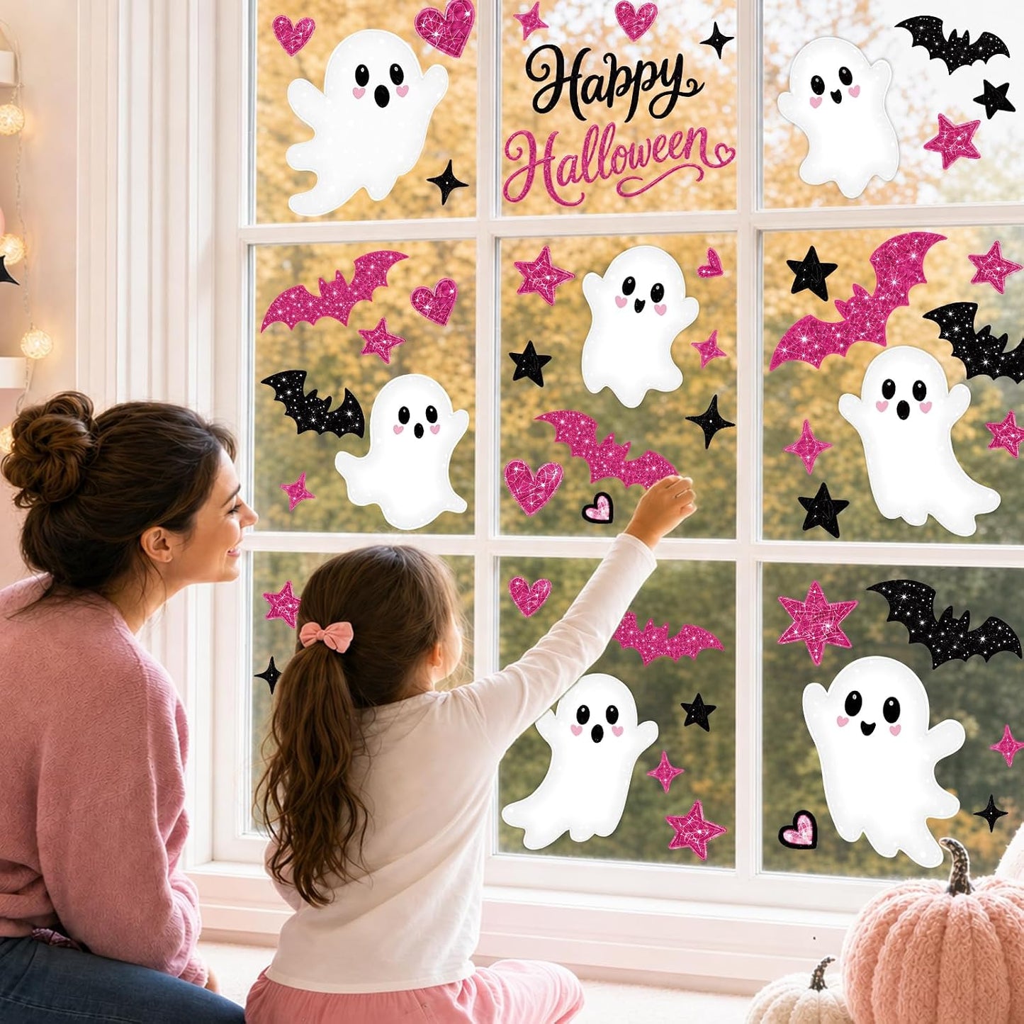 Pink Halloween Window Clings Decor Cute Ghost Stickers Decorations for Kids