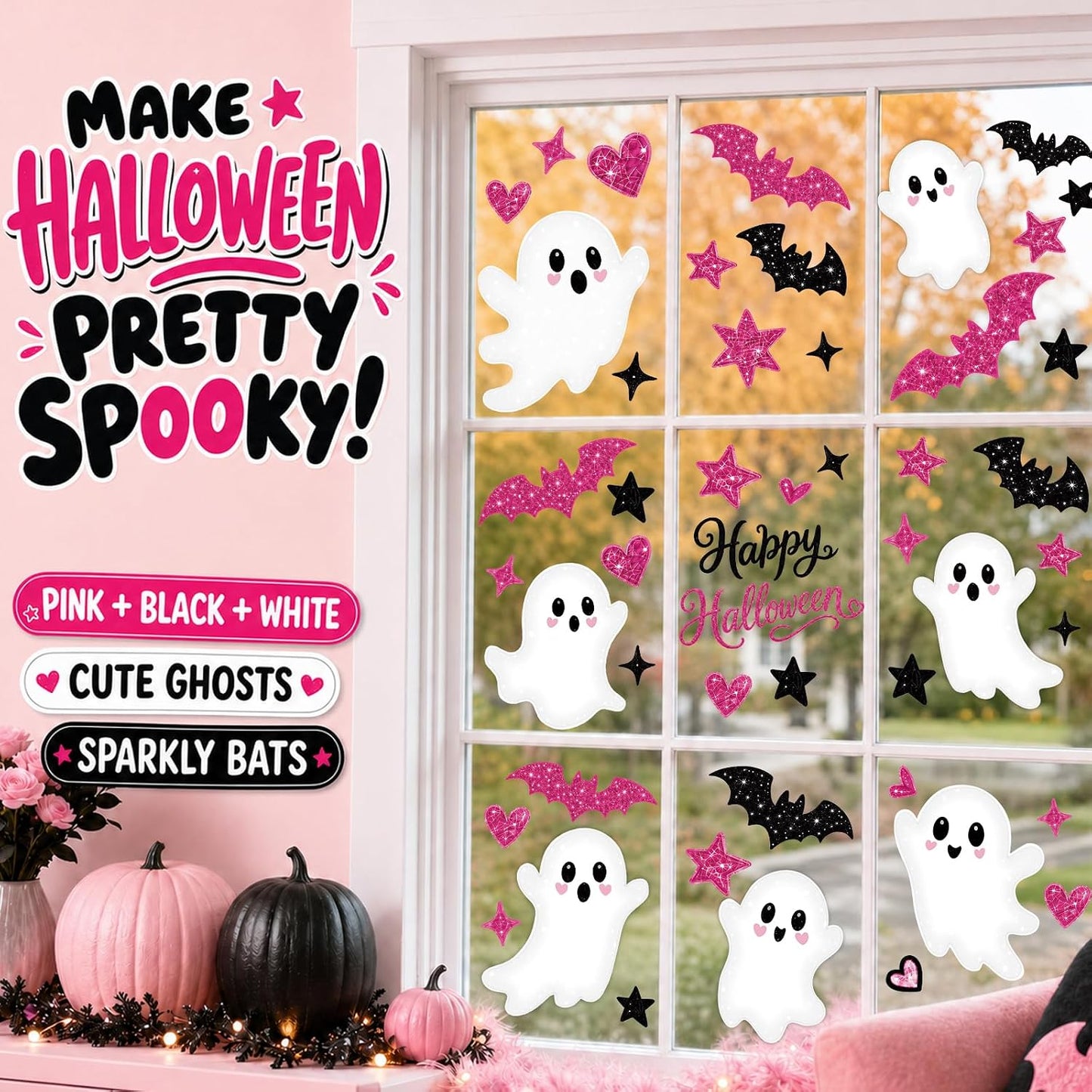 Pink Halloween Window Clings Decor Cute Ghost Stickers Decorations for Kids