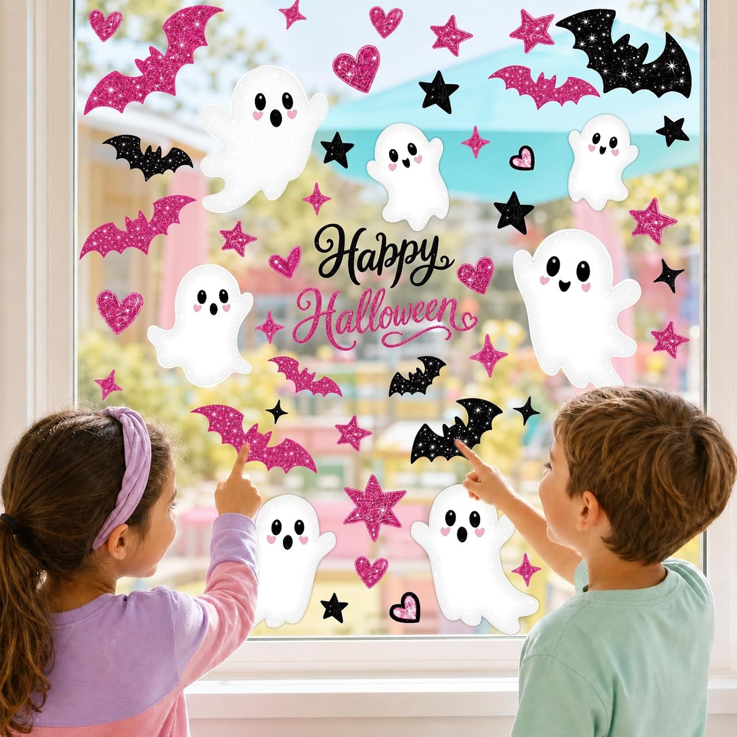 Pink Halloween Window Clings Decor Cute Ghost Stickers Decorations for Kids