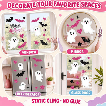 Pink Halloween Window Clings Decor Cute Ghost Stickers Decorations for Kids