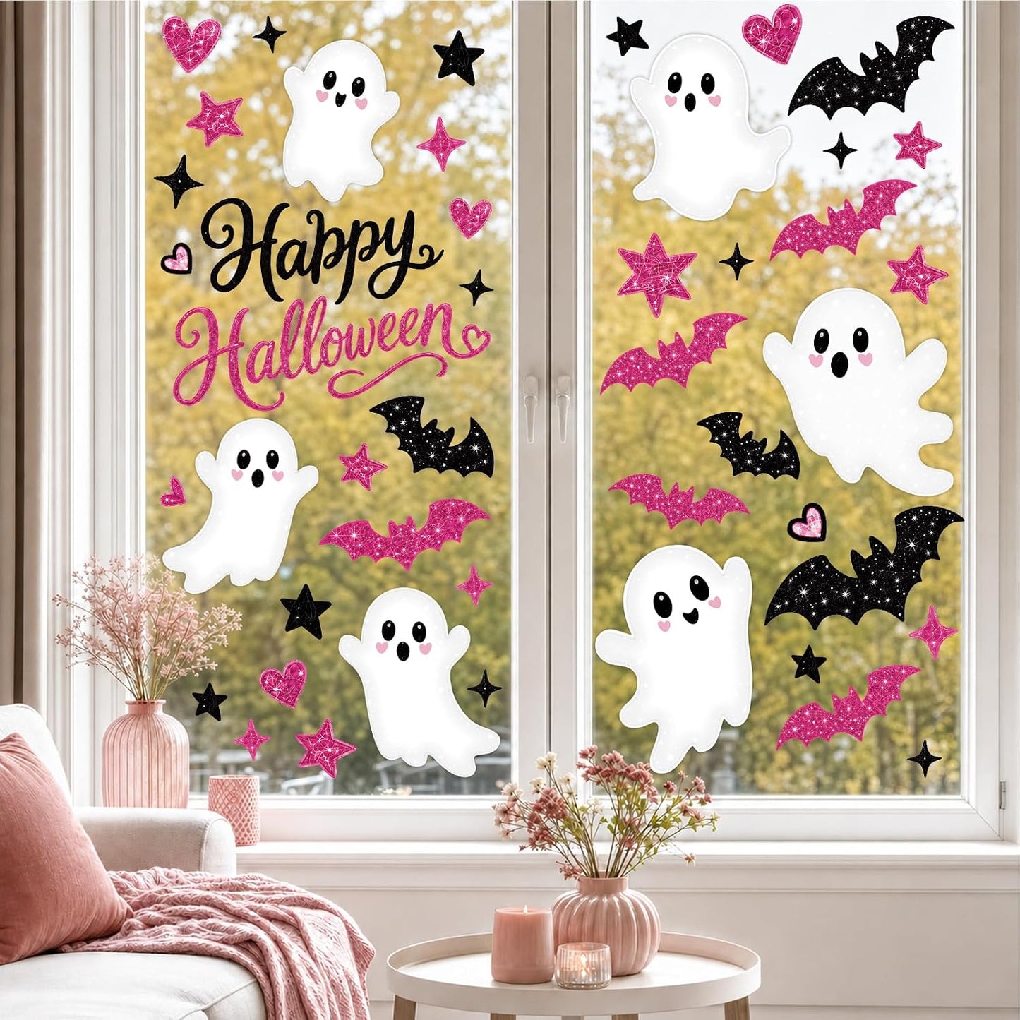 Pink Halloween Window Clings Decor Cute Ghost Stickers Decorations for Kids