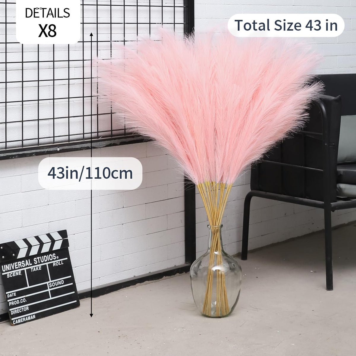 43" Faux Pampas Grass Decor 8 Pcs Tall Pink Pampas Grass for Floor Vase