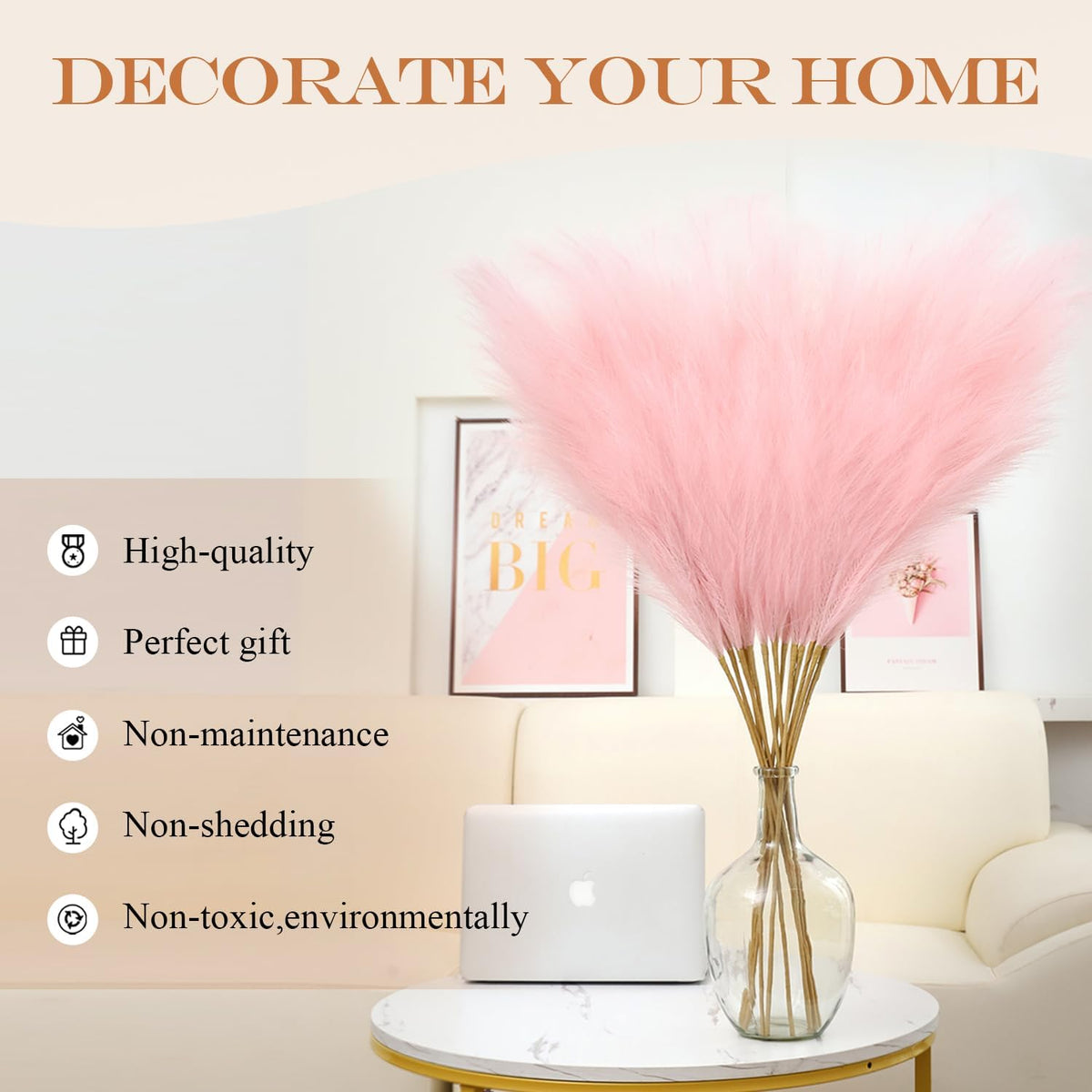 43" Faux Pampas Grass Decor 8 Pcs Tall Pink Pampas Grass for Floor Vase