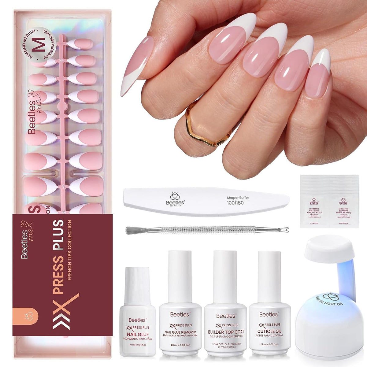 Beetles Press On Nails Kit - Pink Medium Almond French Tip Nails 210Pcs