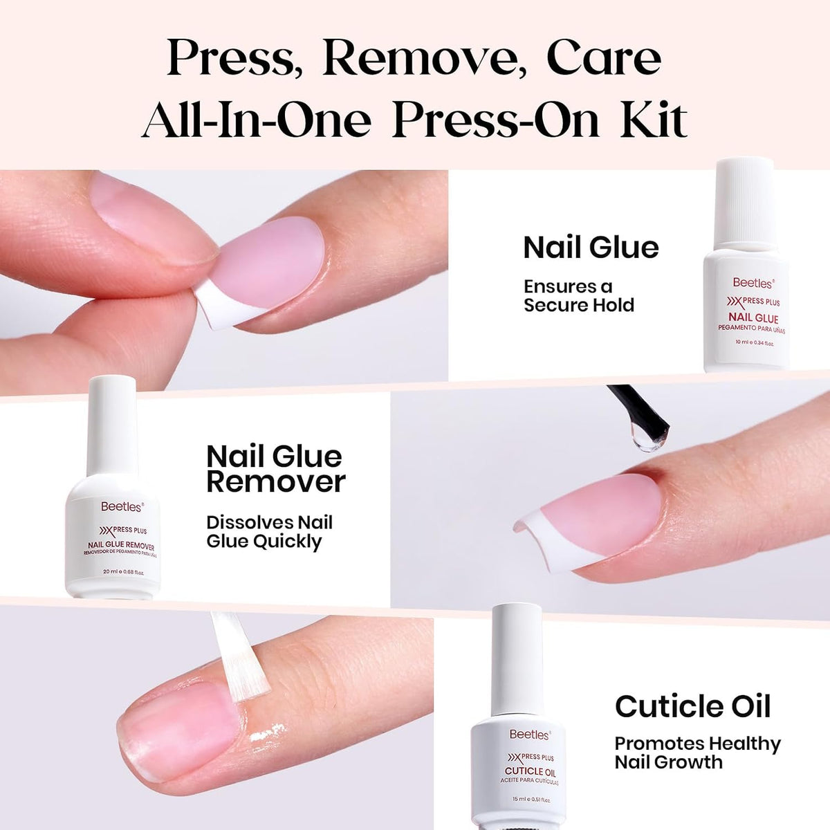 Beetles Press On Nails Kit - Pink Medium Almond French Tip Nails 210Pcs