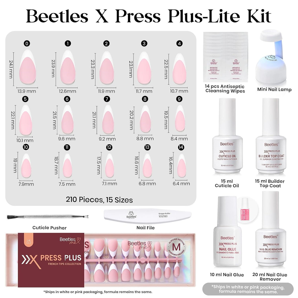 Beetles Press On Nails Kit - Pink Medium Almond French Tip Nails 210Pcs
