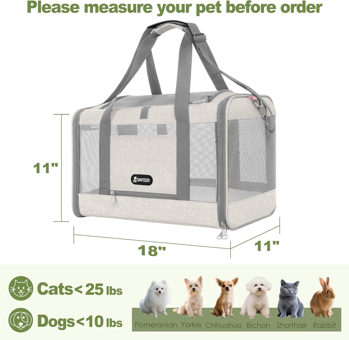 GAPZER Cat Carrier American Airline Approved 18x11x11, Top Opening Sturdy Soft Pet Carrying Bag See Through, Mini Dog Hard Bottom Crate Kennel Case, 4-Side-Ventilation Mesh Cage Toy Poodle Biege