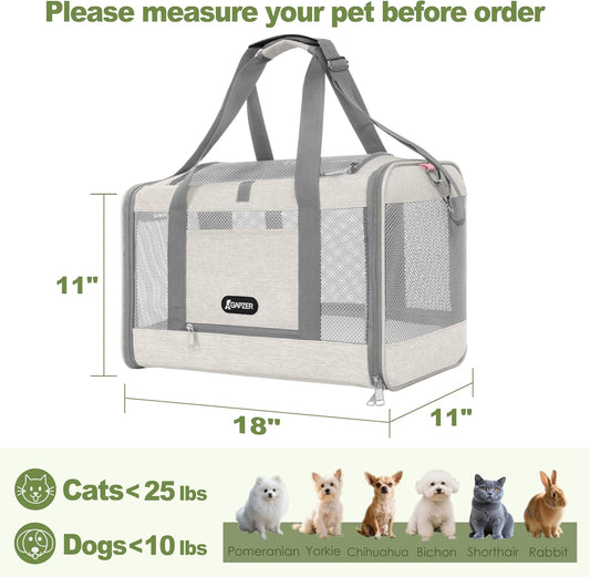 GAPZER Cat Carrier American Airline Approved 18x11x11, Top Opening Sturdy Soft Pet Carrying Bag See Through, Mini Dog Hard Bottom Crate Kennel Case, 4-Side-Ventilation Mesh Cage Toy Poodle Biege