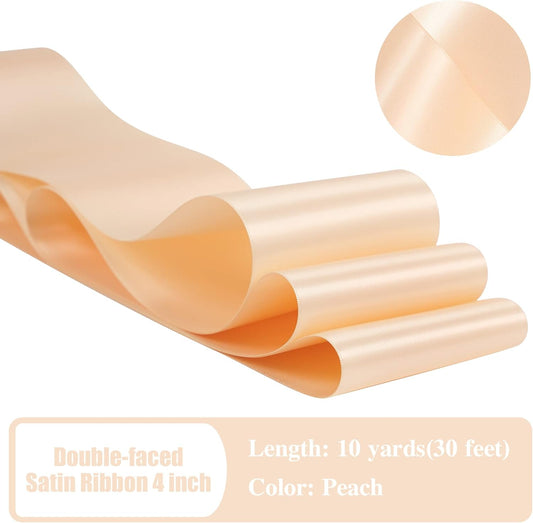 4 inch Wide Double-Faced Satin Ribbon Peach Solid Color | Thick Fabric Satin Ribbon for Chair Sash Bows Wedding Decor Large Bow Flower Bouquet Sewing Crafts -10 Yards/Roll