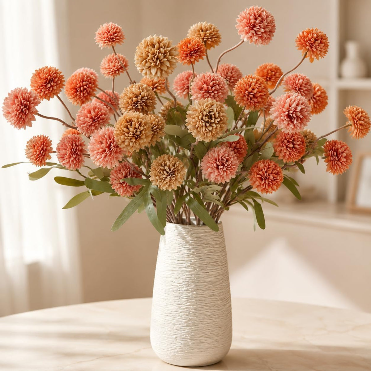 Geegoods Fall Artificial Mum Flowers, 12 Stems, Orange Brown Pink