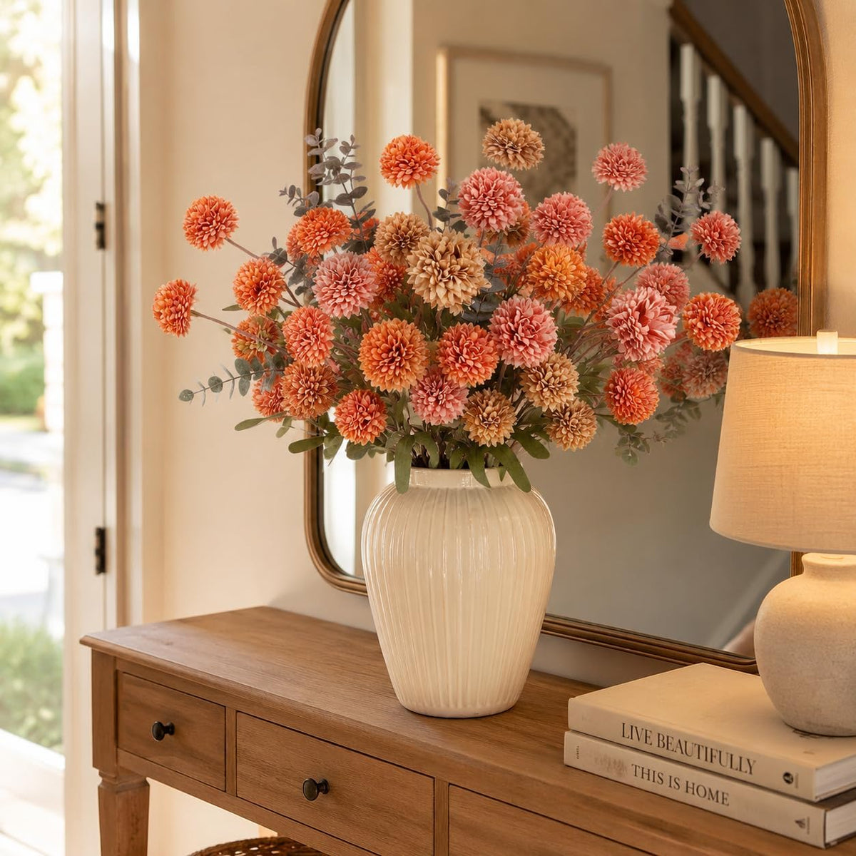 Geegoods Fall Artificial Mum Flowers, 12 Stems, Orange Brown Pink