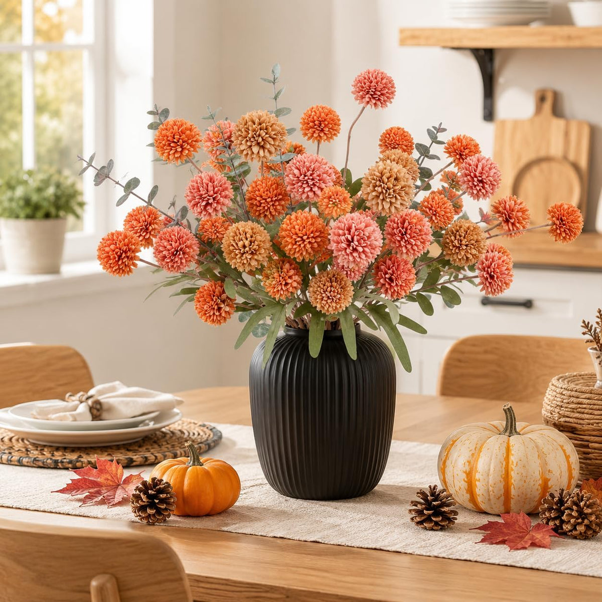 Geegoods Fall Artificial Mum Flowers, 12 Stems, Orange Brown Pink