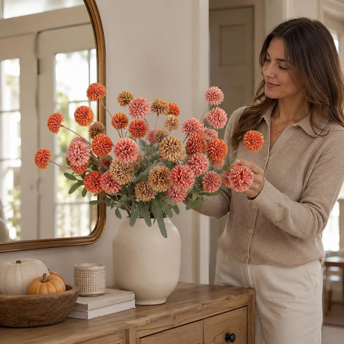 Geegoods Fall Artificial Mum Flowers, 12 Stems, Orange Brown Pink