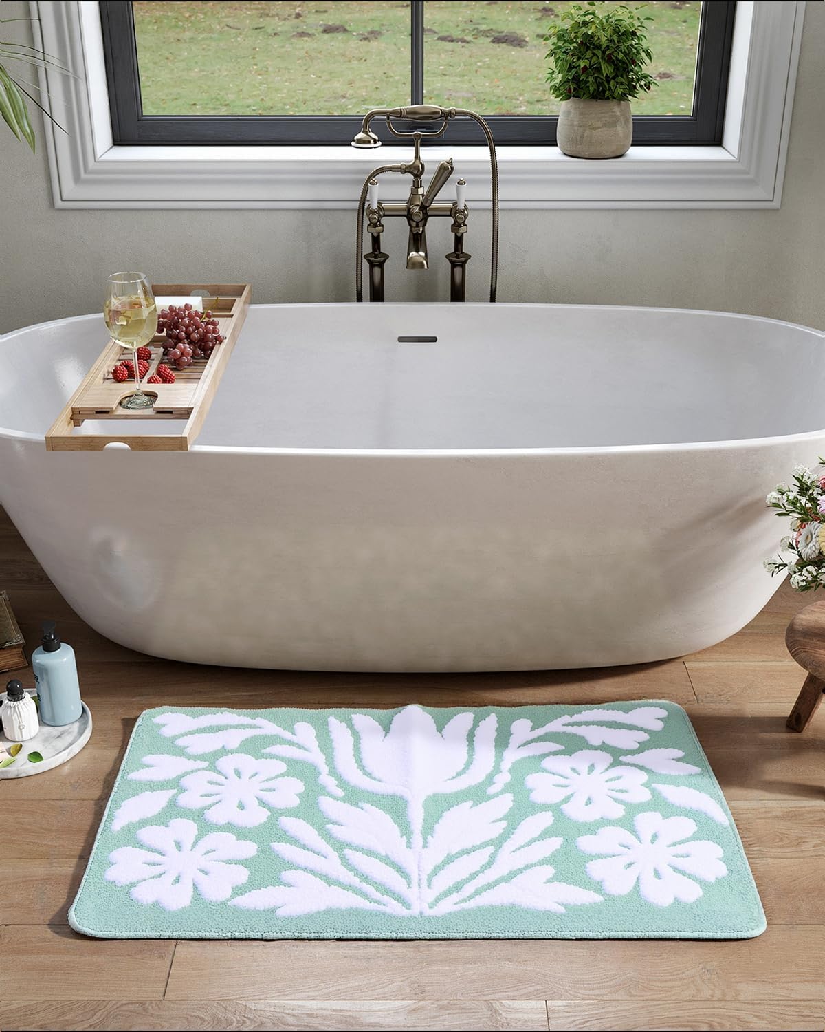 Sage Green Bathroom Rug Non-Slip Floral Boho Bath Mats Soft Plush Machine Washable for Room Decor Sink Tub Toilet(Green, 31" x 20")