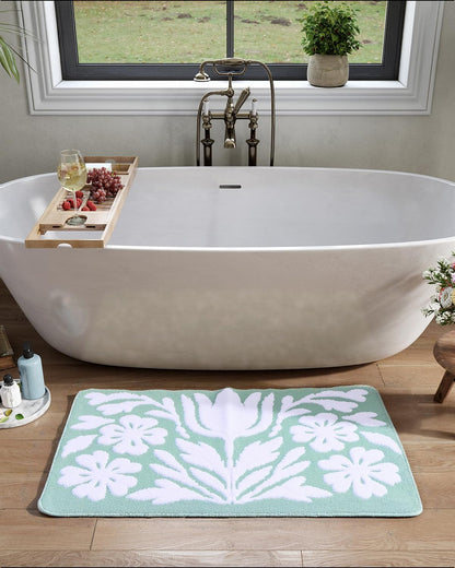 Sage Green Bathroom Rug Non-Slip Floral Boho Bath Mats Soft Plush Machine Washable for Room Decor Sink Tub Toilet(Green, 31" x 20")