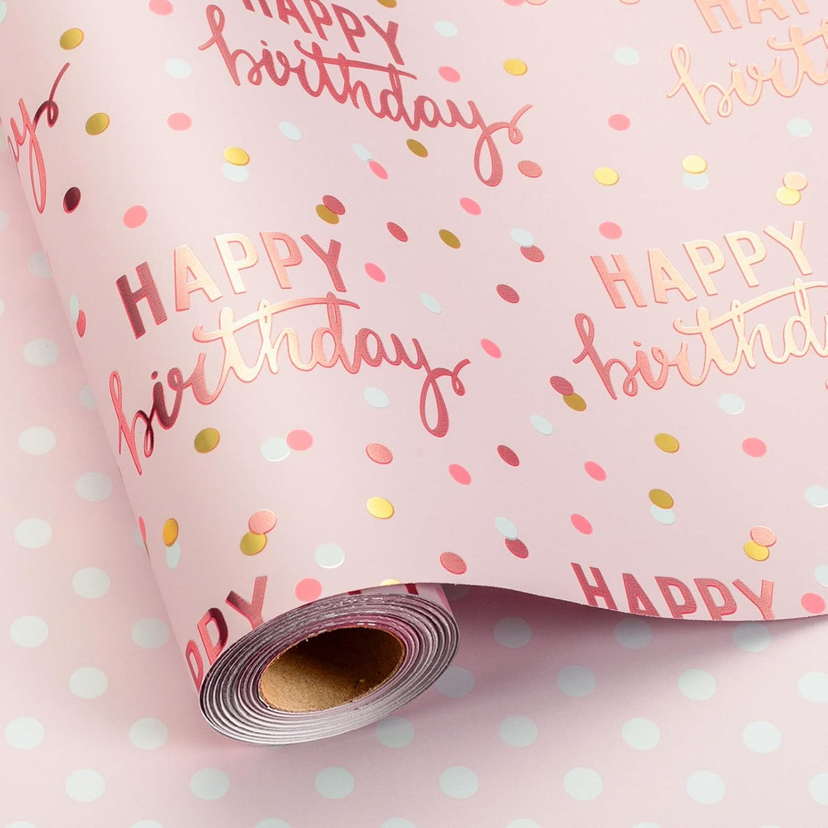 Reversible Pink Birthday Wrapping Paper Roll, Girl Gift Wrapping Paper, Metallic Foil Happy Birthday Pattern Girly Gift Wrap for Gift Packaging, Women Party, Celebrations (17 Inch x 33 Feet)