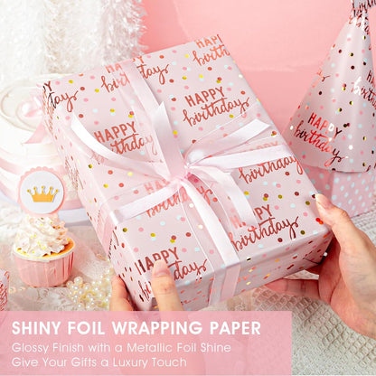 Reversible Pink Birthday Wrapping Paper Roll, Girl Gift Wrapping Paper, Metallic Foil Happy Birthday Pattern Girly Gift Wrap for Gift Packaging, Women Party, Celebrations (17 Inch x 33 Feet)
