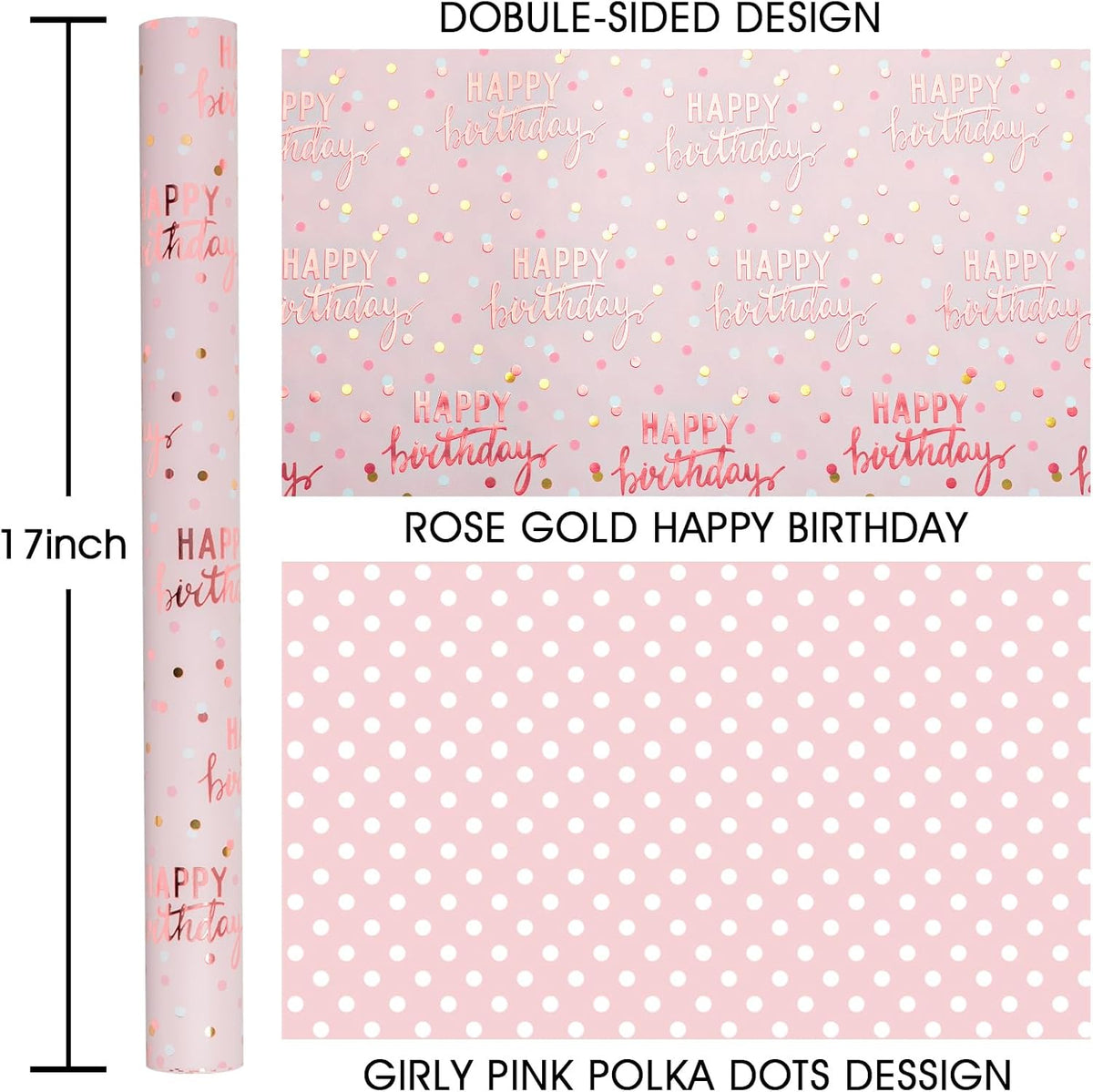 Reversible Pink Birthday Wrapping Paper Roll, Girl Gift Wrapping Paper, Metallic Foil Happy Birthday Pattern Girly Gift Wrap for Gift Packaging, Women Party, Celebrations (17 Inch x 33 Feet)