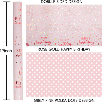 Reversible Pink Birthday Wrapping Paper Roll, Girl Gift Wrapping Paper, Metallic Foil Happy Birthday Pattern Girly Gift Wrap for Gift Packaging, Women Party, Celebrations (17 Inch x 33 Feet)